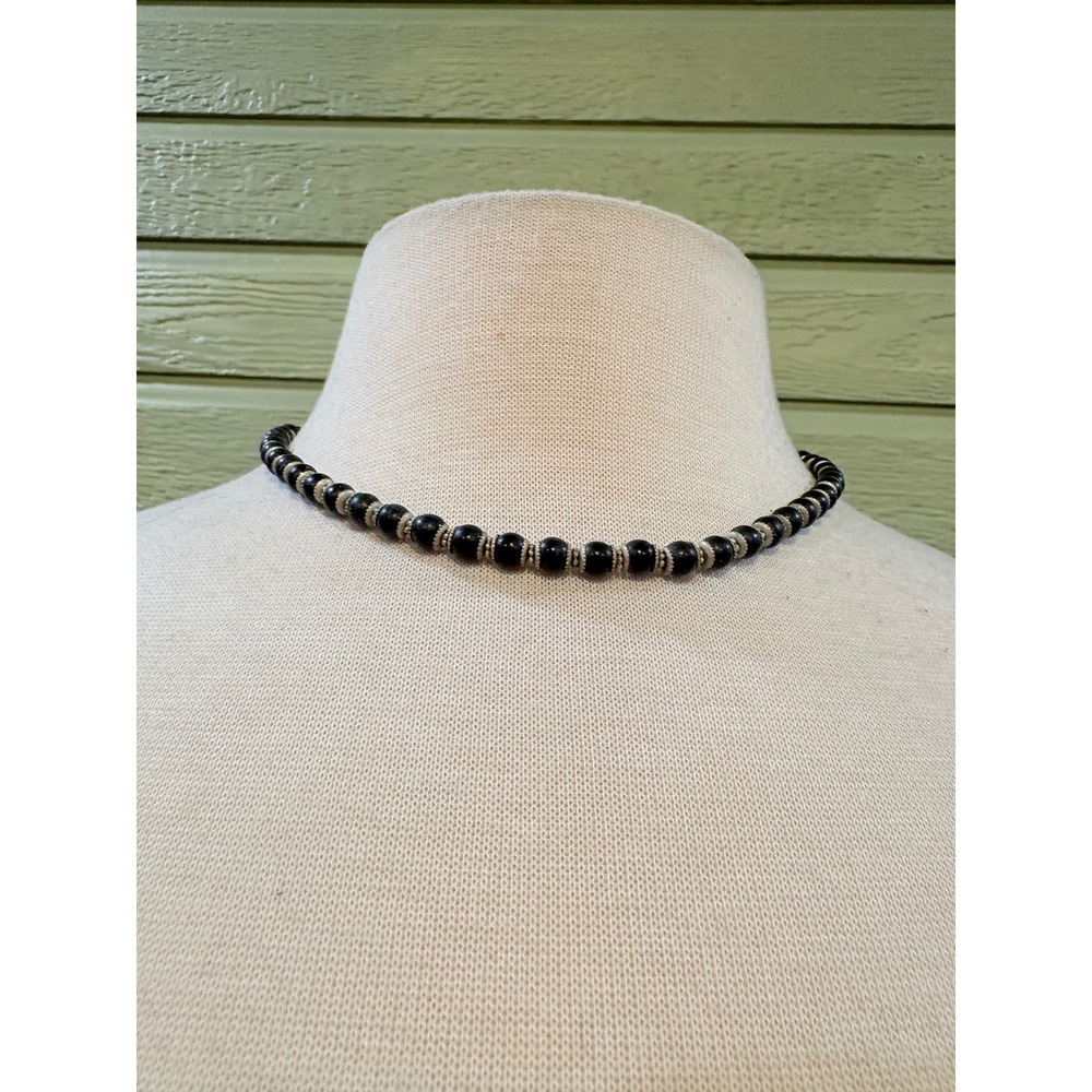 Black Beaded Choker Necklace Silver Tone Spacers Toggle Clasp 18 Inch